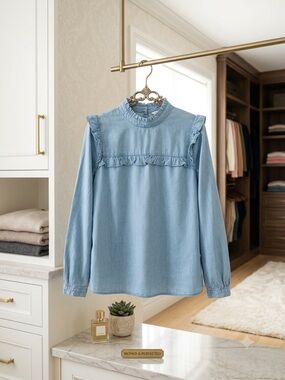 LOFT Light Blue Ruffle Yoke Chambray Long Sleeve Top